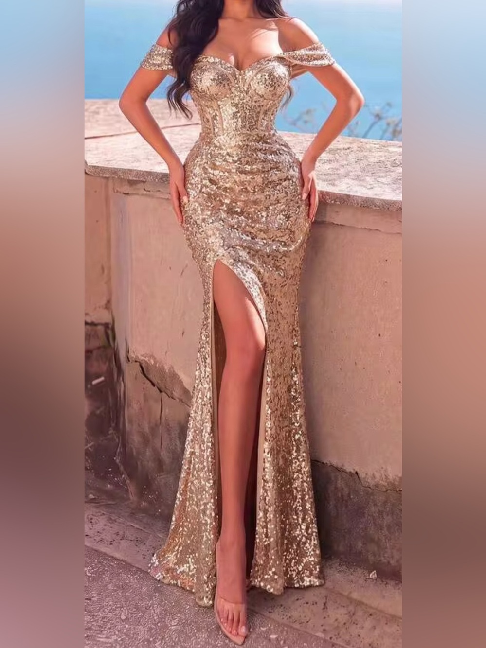 Faeriesty Elegant Sequin Mermaid Hem Slit Evening Dress Size Medium Champagne